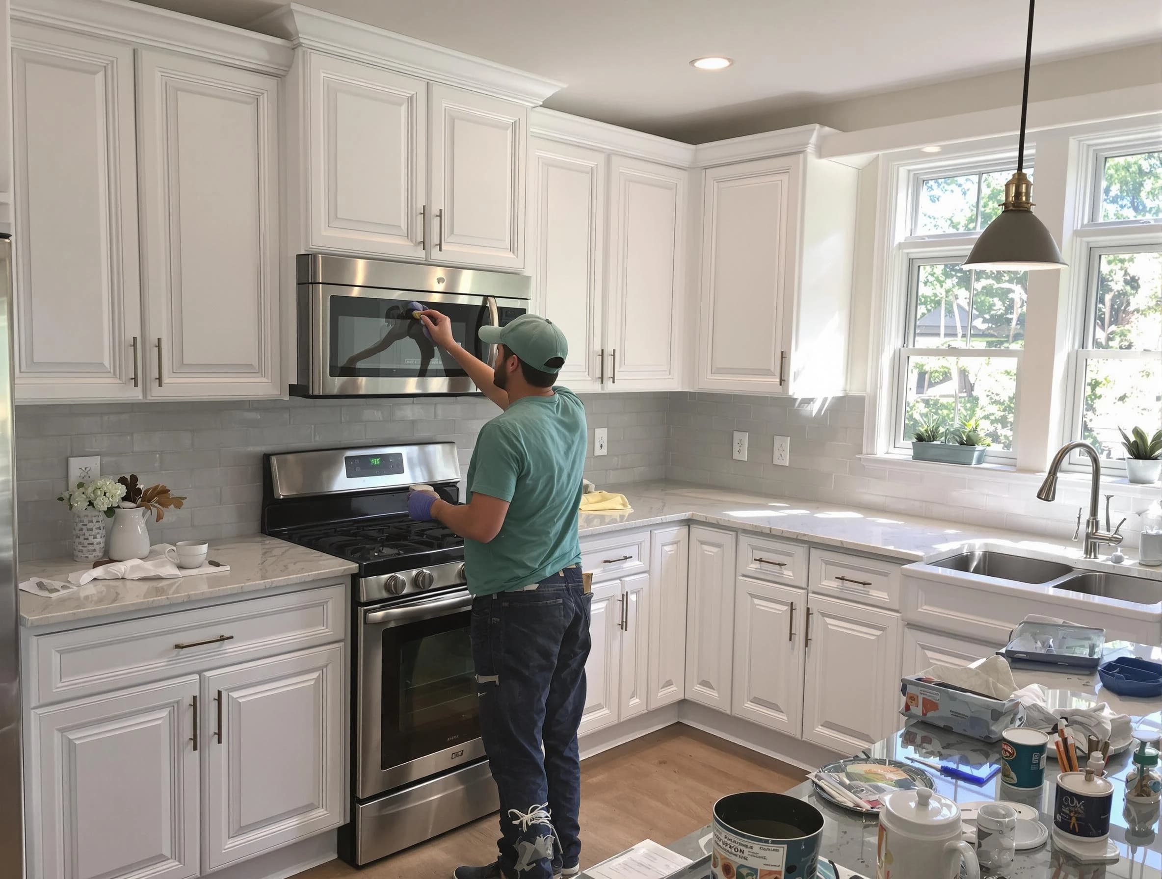 Kitchen cabinets being refinished by Rocky River House Painters in Rocky River, OH