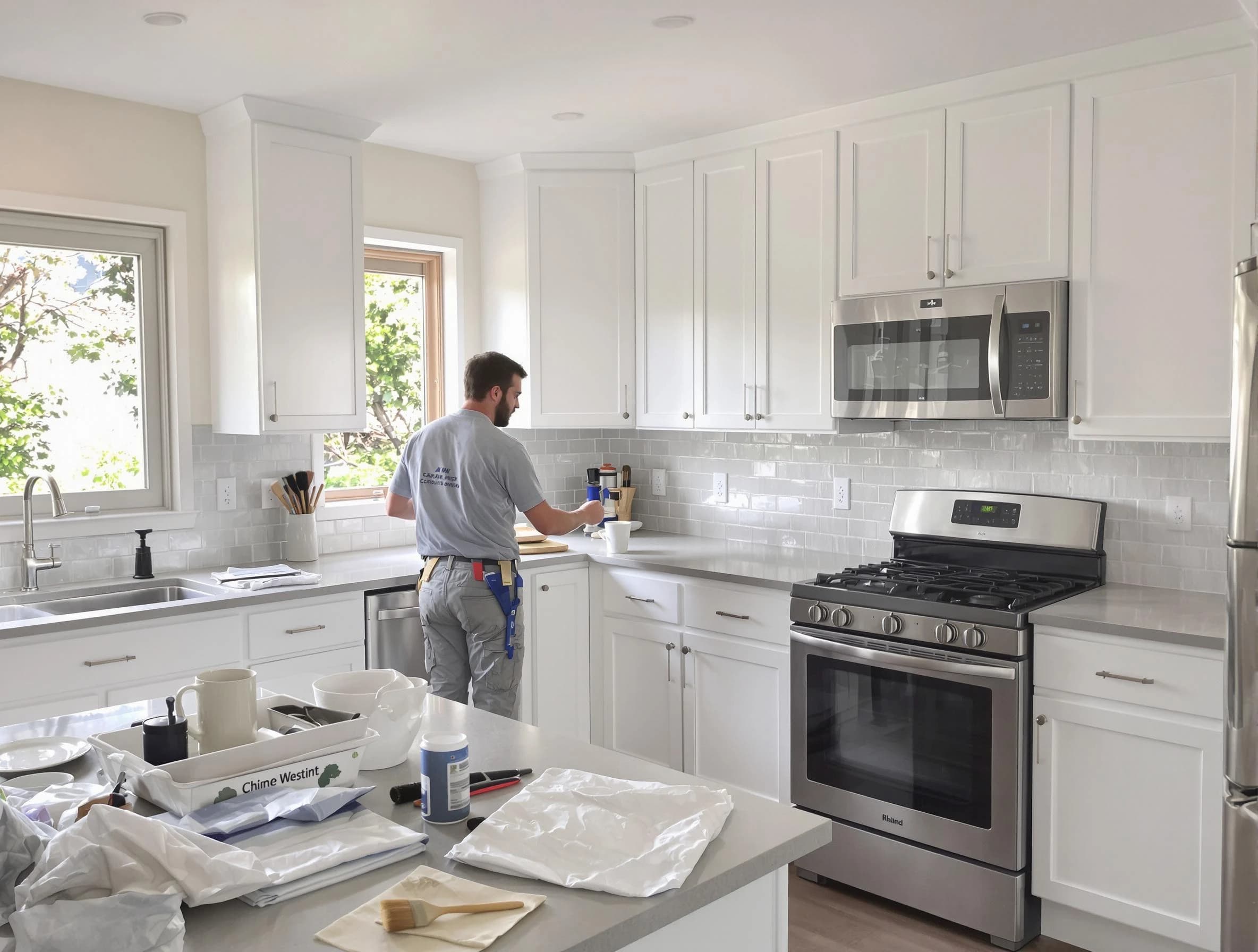 Rocky River House Painters applying fresh paint on kitchen cabinets in Rocky River