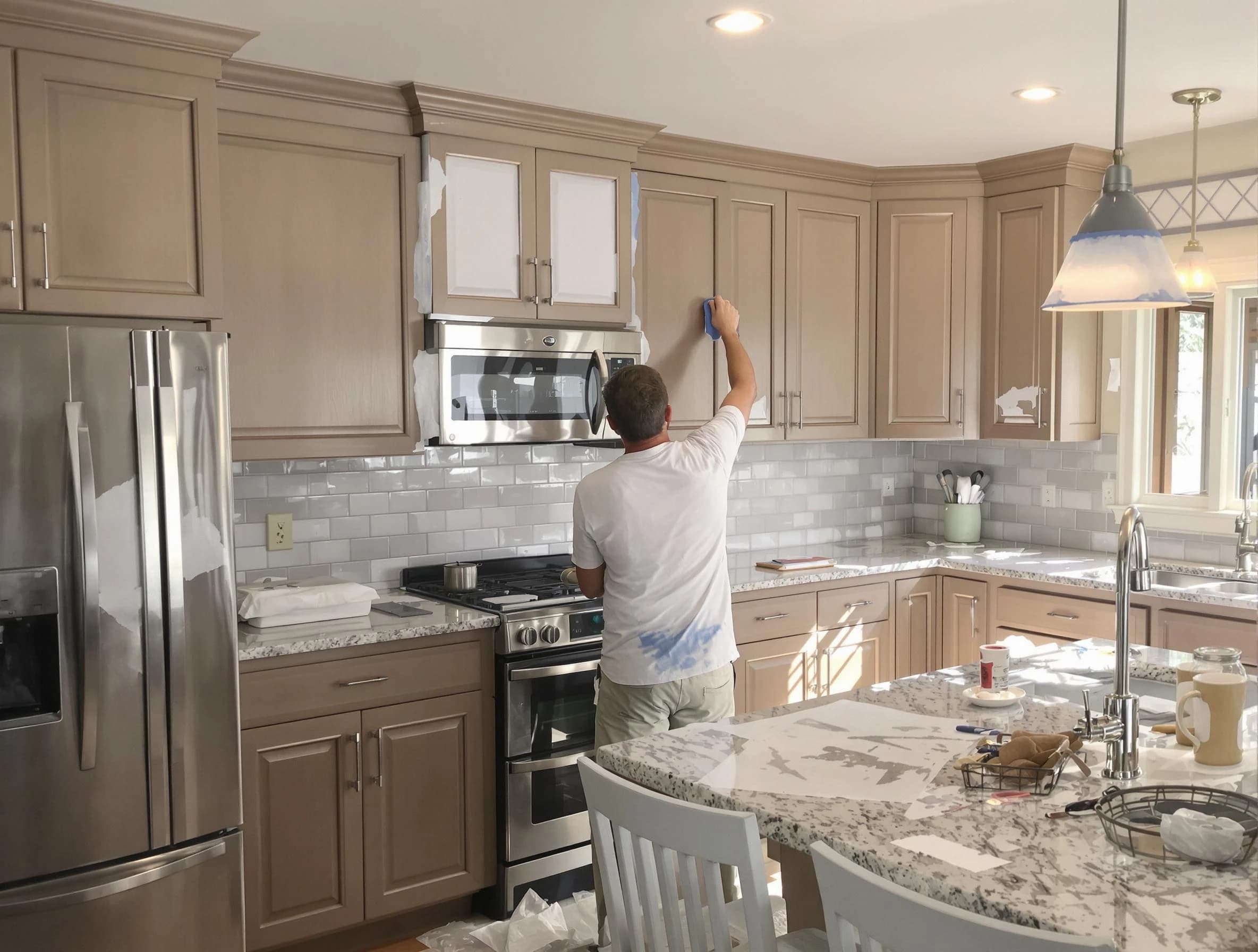 Before-and-after view of kitchen painting by Rocky River House Painters in Rocky River