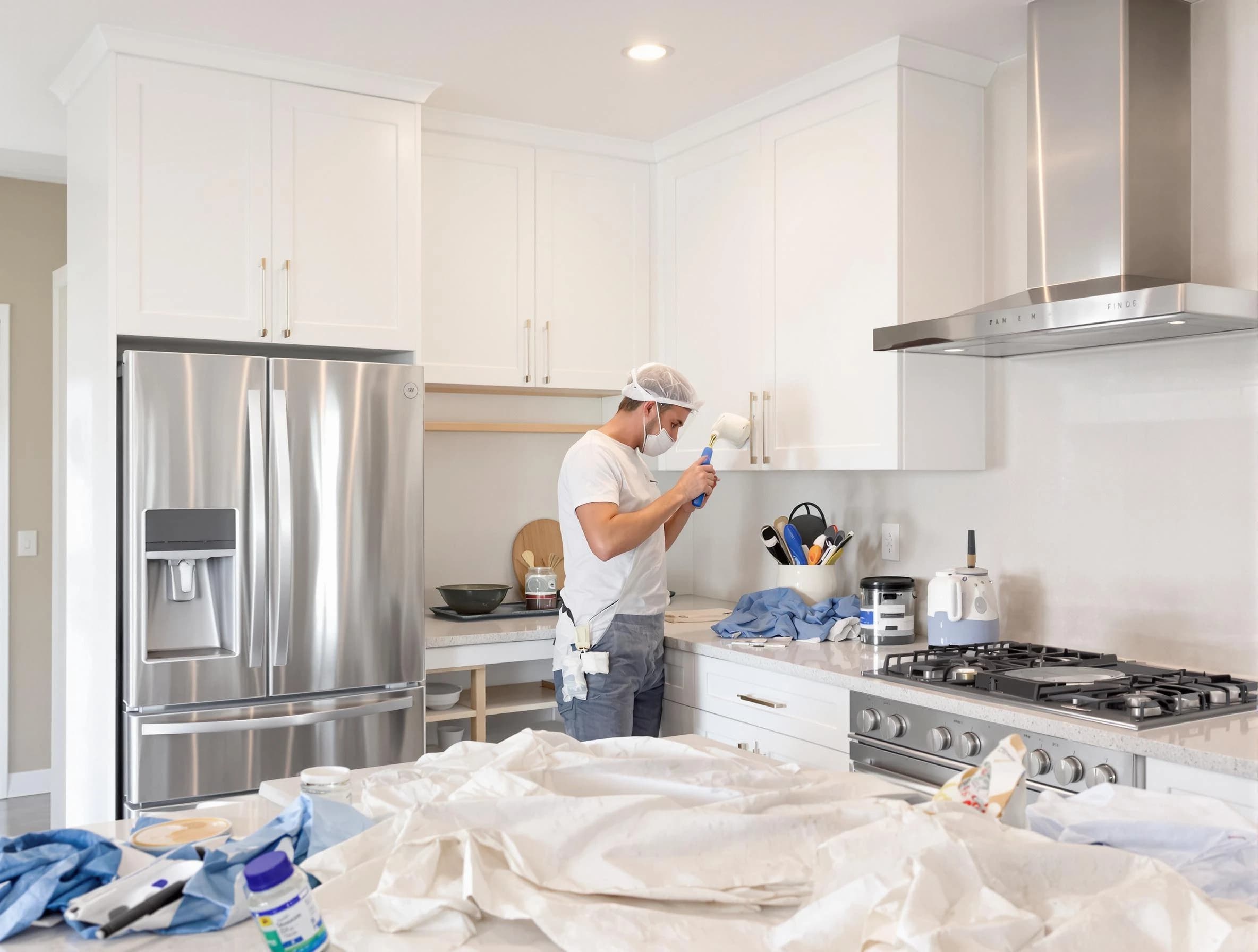 Rocky River House Painters painter applying a fresh coat in a kitchen located in Rocky River, OH